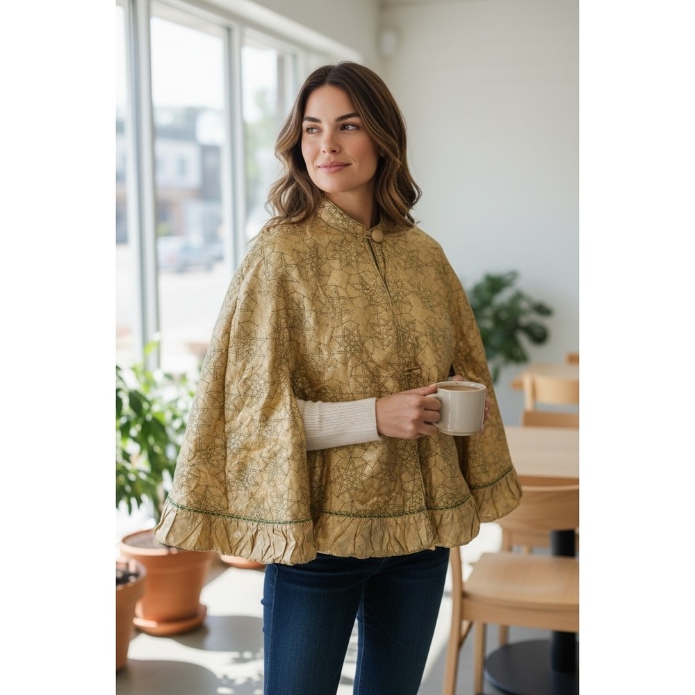 Indian Damask Brocade Cape Ruffled Hem Poncho Jacket button Loop Closure